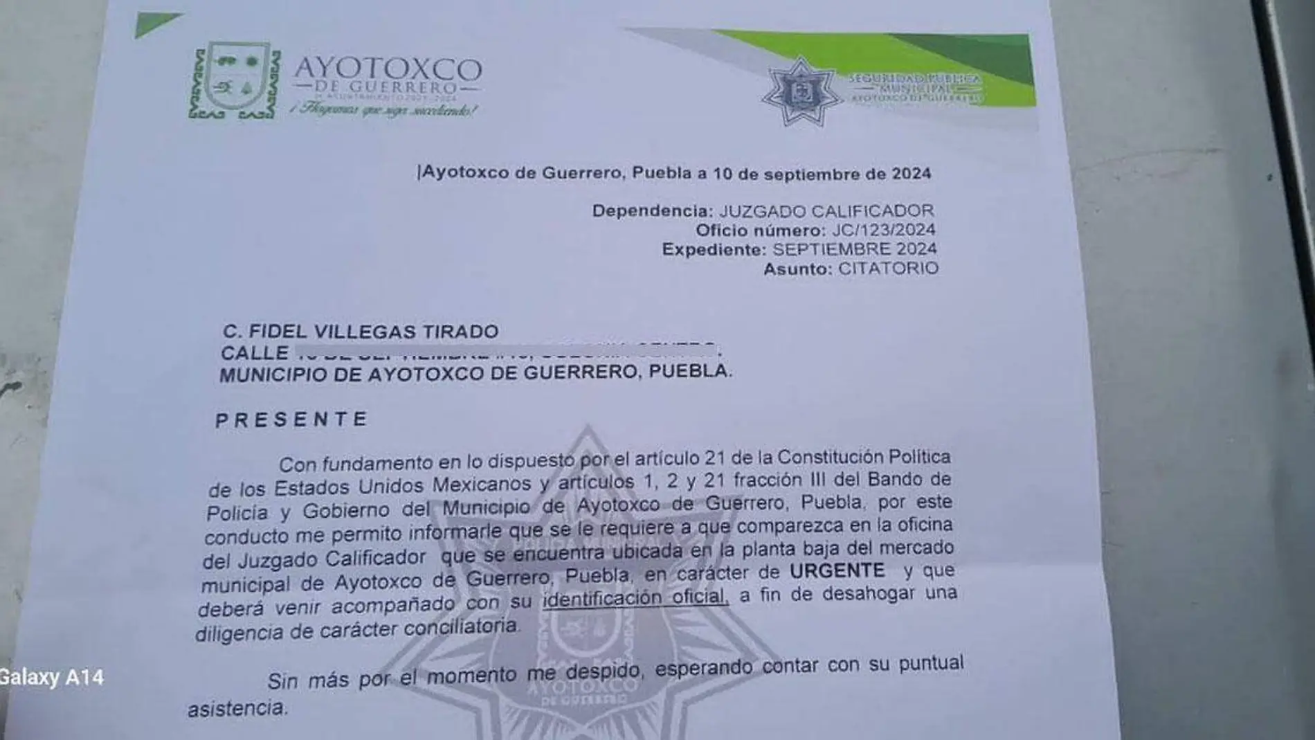 oficio de ayotoxco contra ciudadano